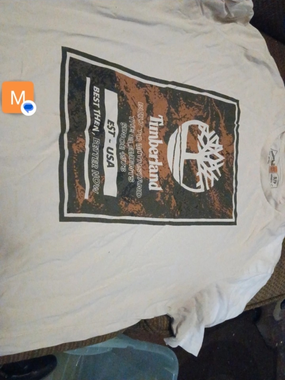 Timberland White Short-Sleeve Tee with Brown & Black Graphic